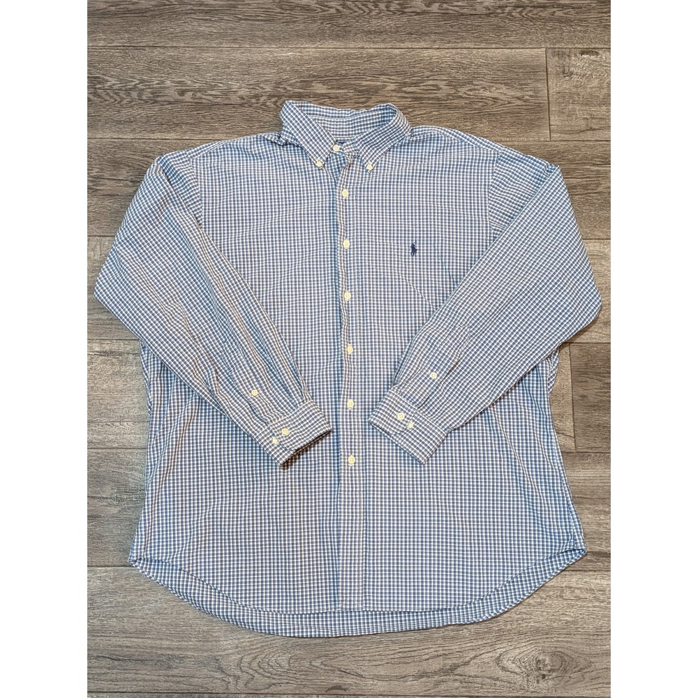 Ralph Lauren Classic Fit Blue White Gingham Button Down Shirt Mens 17.5 34/35
